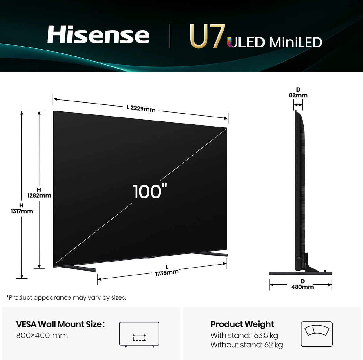 Hisense 100U7Q 253 cm (100 inch) Ultra HD (4K) Mini LED Smart VIDAA TV with 2.1CH Audio System Tuned by DEVALET, Native 144 Refresh Rate, Dolby Vision Atmos (100U7Q)