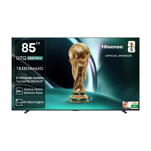 Hisense 85U7Q 216 cm (85 inch) Ultra HD (4K) Mini LED Smart VIDAA TV with 2.1CH Audio System Tuned by DEVALET, Native 144 Refresh Rate, Dolby Vision Atmos (85U7Q)