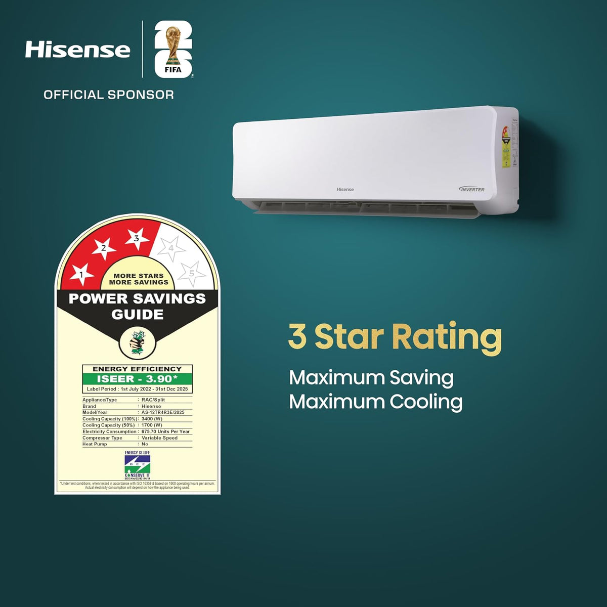 Hisense 1.0 Ton 3 star Inverter Split AC(Copper, 5-in-1 Convertible with Intelligent 4 modes, 4 Way Swing, Anti corrosion, Long Air Distance, AS-12TR4R3E, White ）