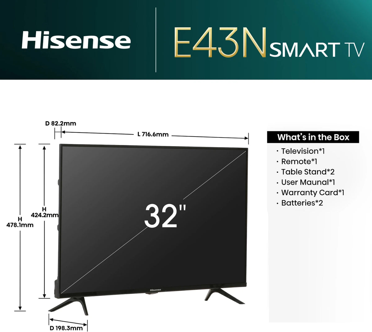 Hisense 80 cm (32 inch) HD Ready LED Smart Google TV with Dolby Audio, 30W Powerful Sound, HDR 10, Super Bright Panel (32E43N) (32E43N)
