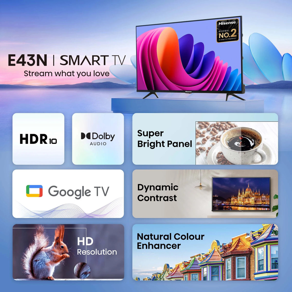 Hisense 80 cm (32 inch) HD Ready LED Smart Google TV with Dolby Audio, 30W Powerful Sound, HDR 10, Super Bright Panel (32E43N) (32E43N)