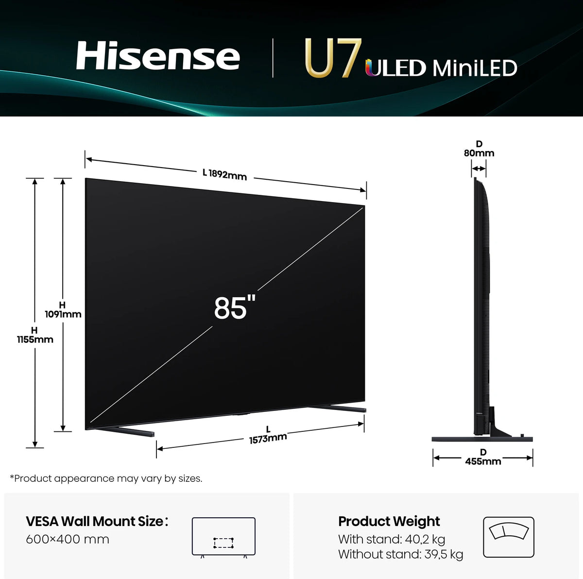 Hisense 85U7Q 216 cm (85 inch) Ultra HD (4K) Mini LED Smart VIDAA TV with 2.1CH Audio System Tuned by DEVALET, Native 144 Refresh Rate, Dolby Vision Atmos (85U7Q)