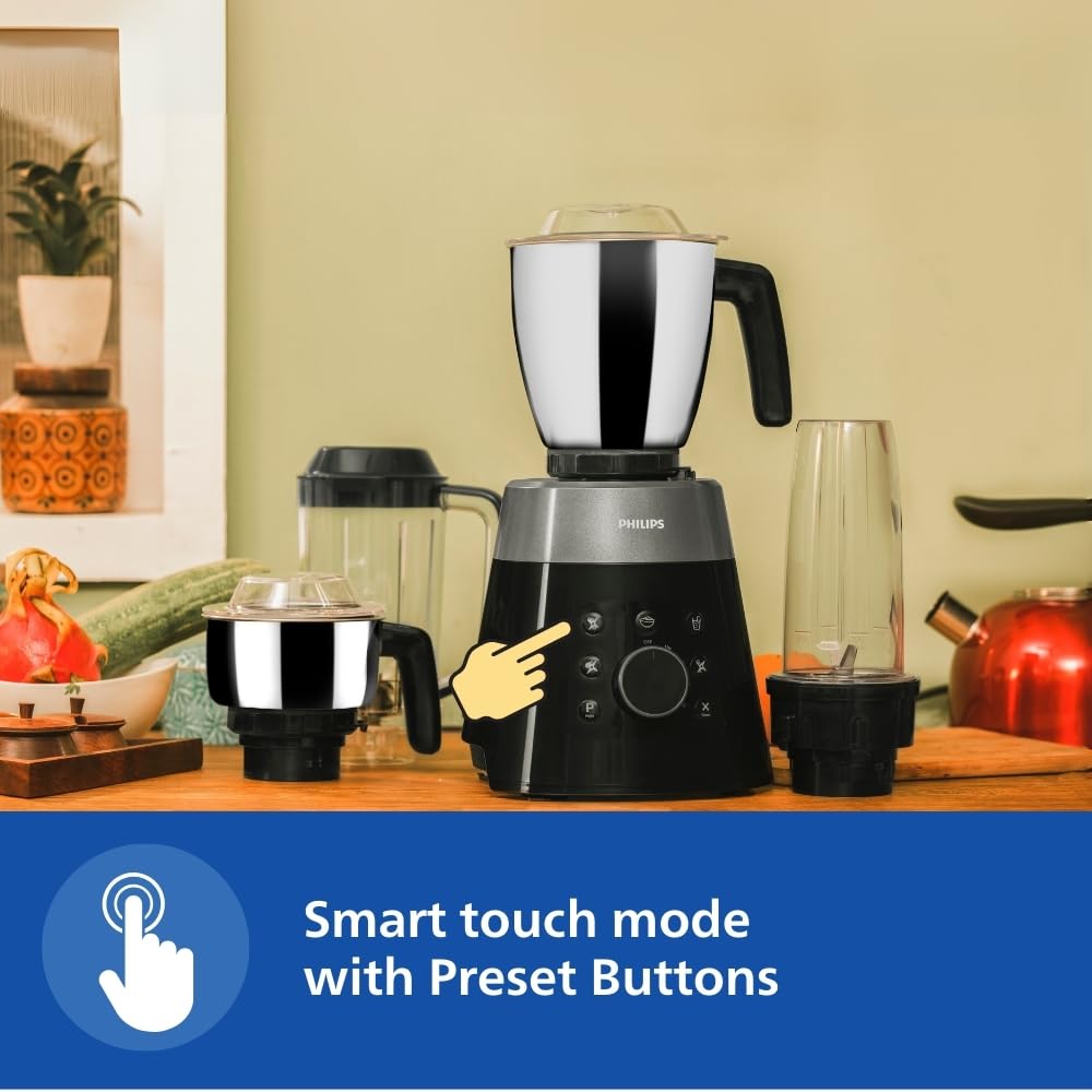 PHILIPS HL7777/00 Mixer Grinder, 750W, 4 Jars, Smart One-Touch Mode, 50%* Reduction in sound power, Digital Interface, Intelli-speed Technology for Pre-Set cooking, Soft Sound Technology, Metallic Silver and Bold Black, Large