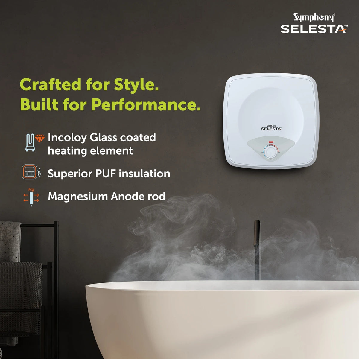 Symphony 15 L Storage Water Geyser 5 Star BEE Energy Rating, Free Installation & Free Pipe (Selesta, White)